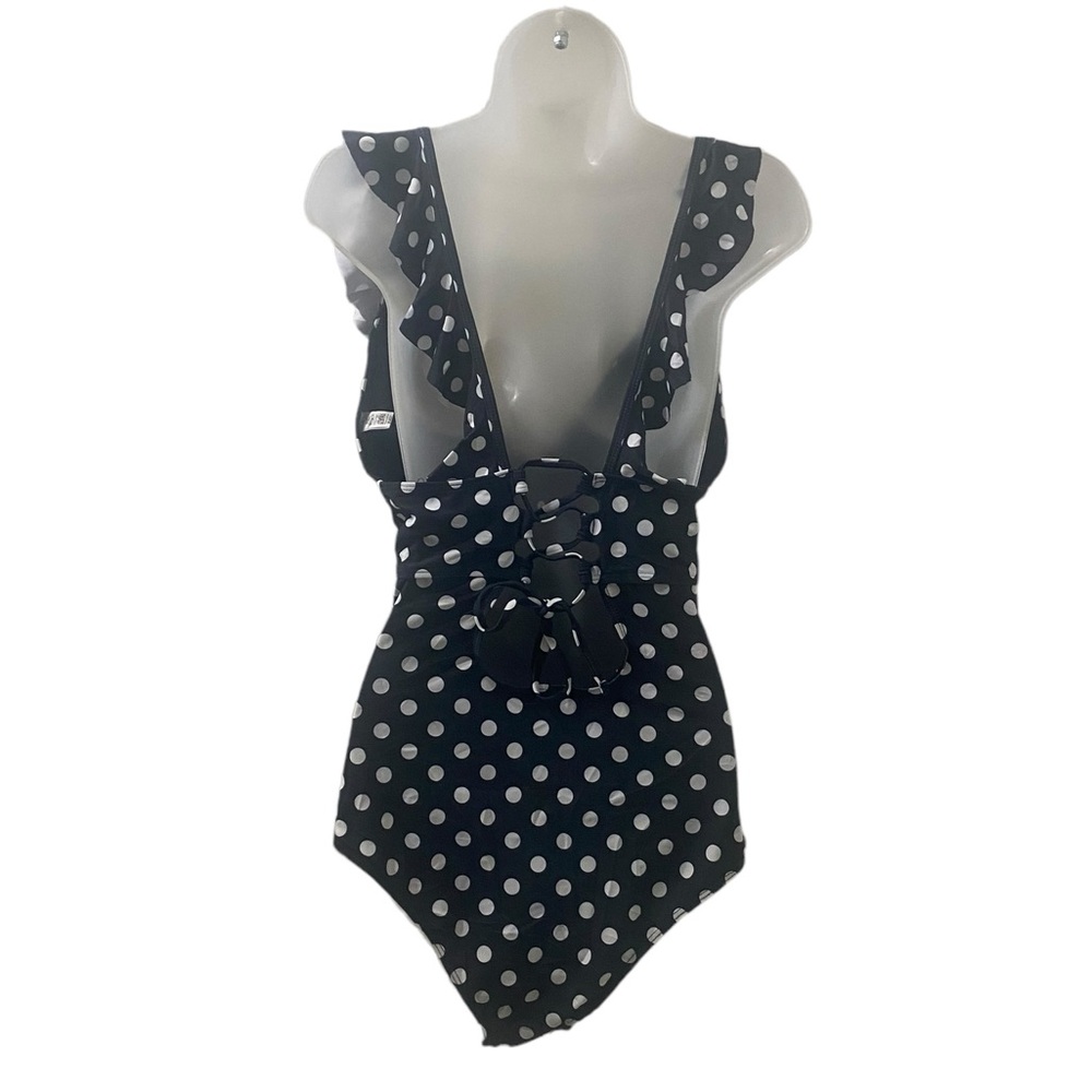 Ruffle lace up back Slimming Ruffle Black and White Polka Dot Swimsuit - Picture 3 of 8
